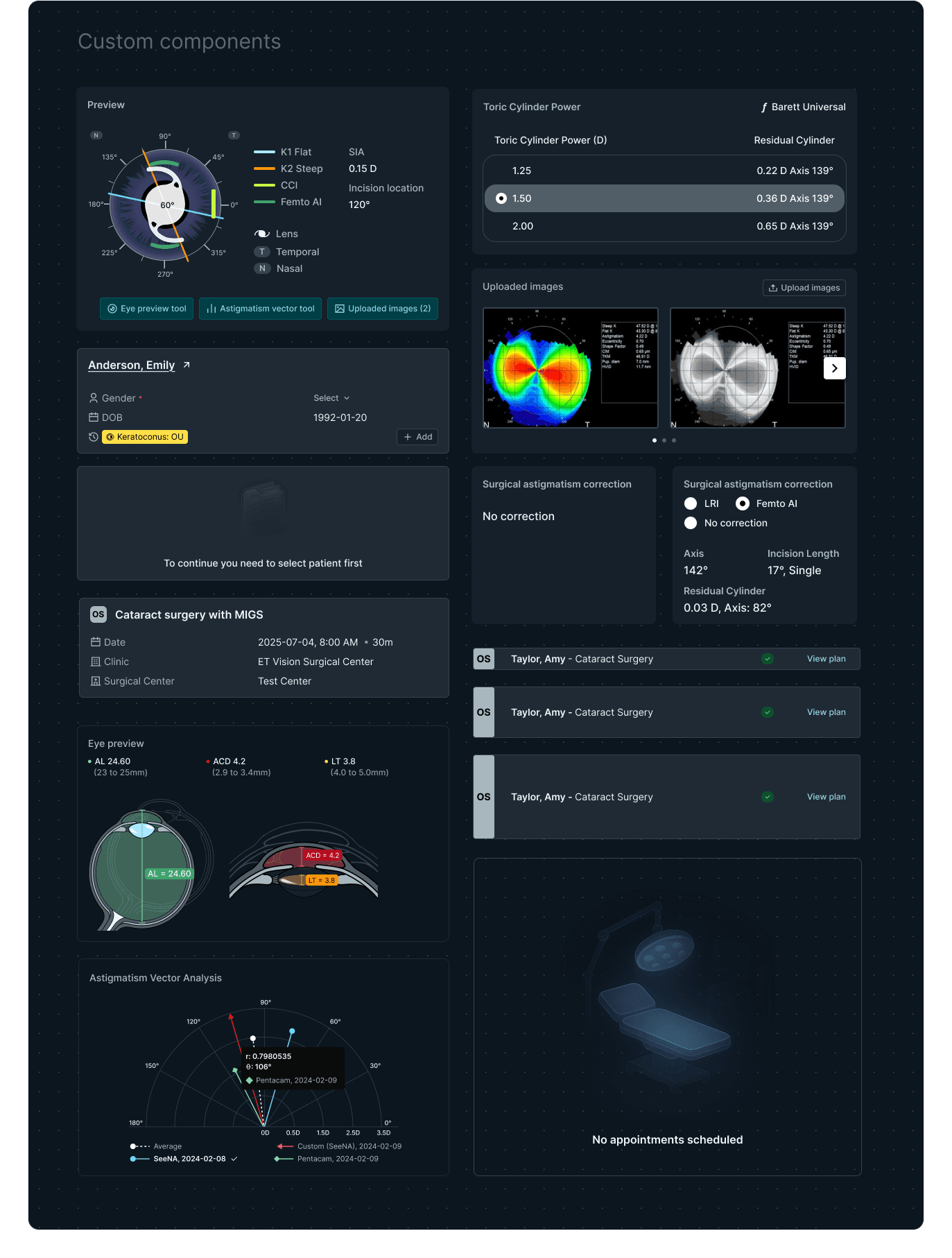Custom clinical components: eye preview, astigmatism vector analysis, toric cylinder power, diagnostic images