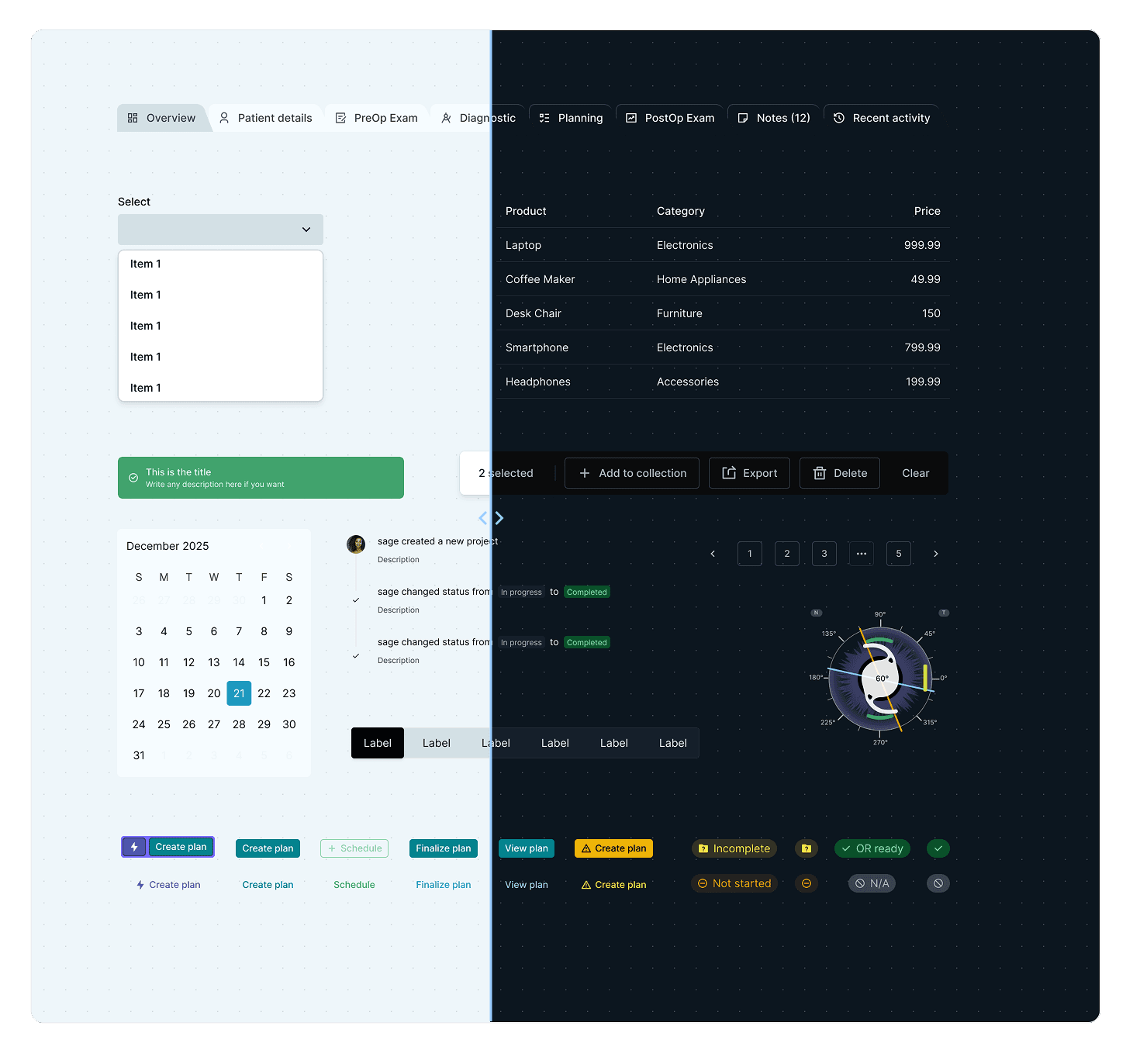 Light and dark themes of the component library, side by side