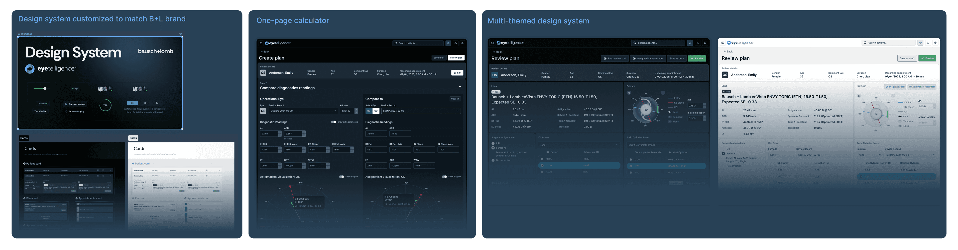Handoff highlights: the customized design system, the one-page calculator, and the multi-themed product screens
