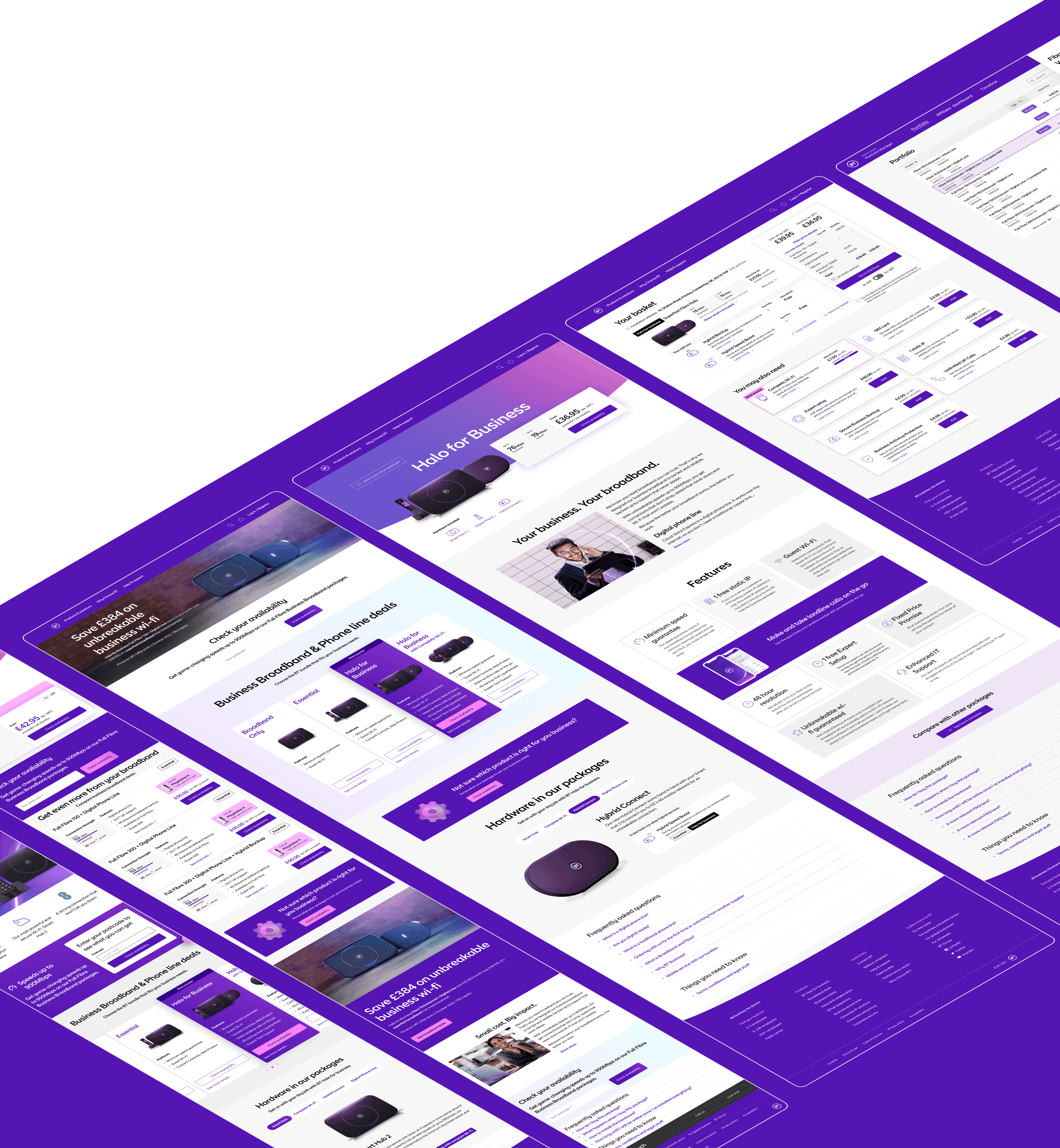 The redesigned BT Business pages in one isometric view: product pages, bundles, the basket, and checkout, across desktop and mobile.
