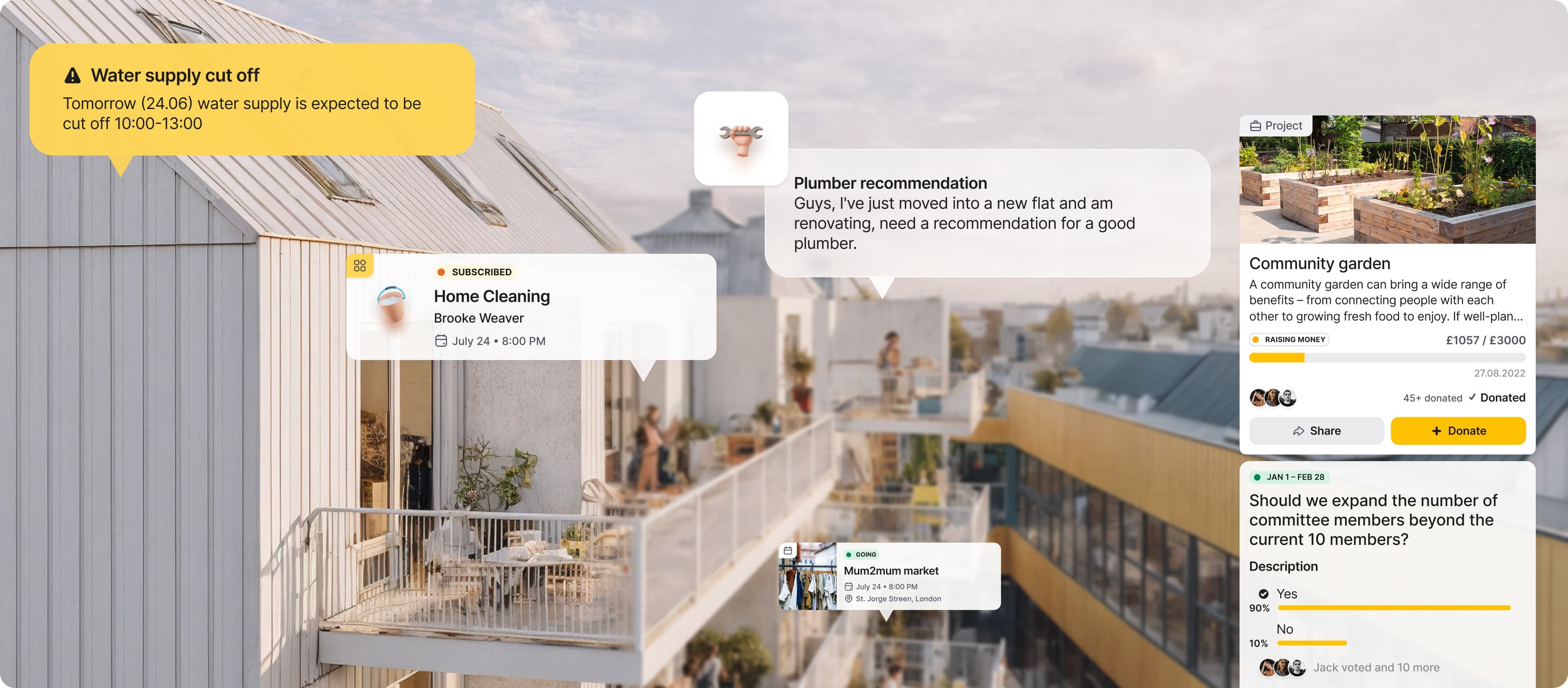 Community life with the app's touchpoints layered over it: water-supply alert, home cleaning booking, plumber recommendation, community garden project, and a committee vote