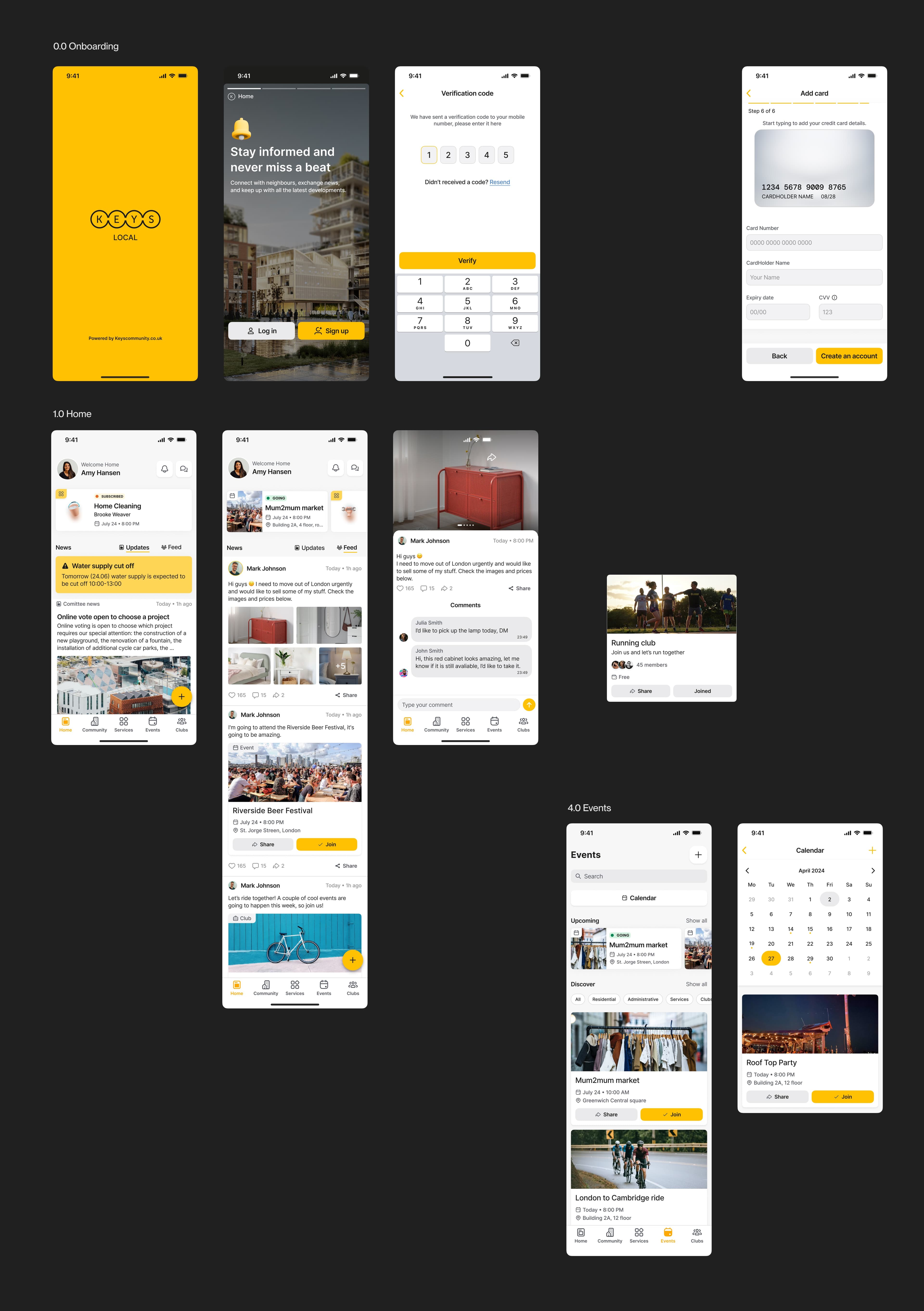 Mobile app screens: home feed, services, and community updates