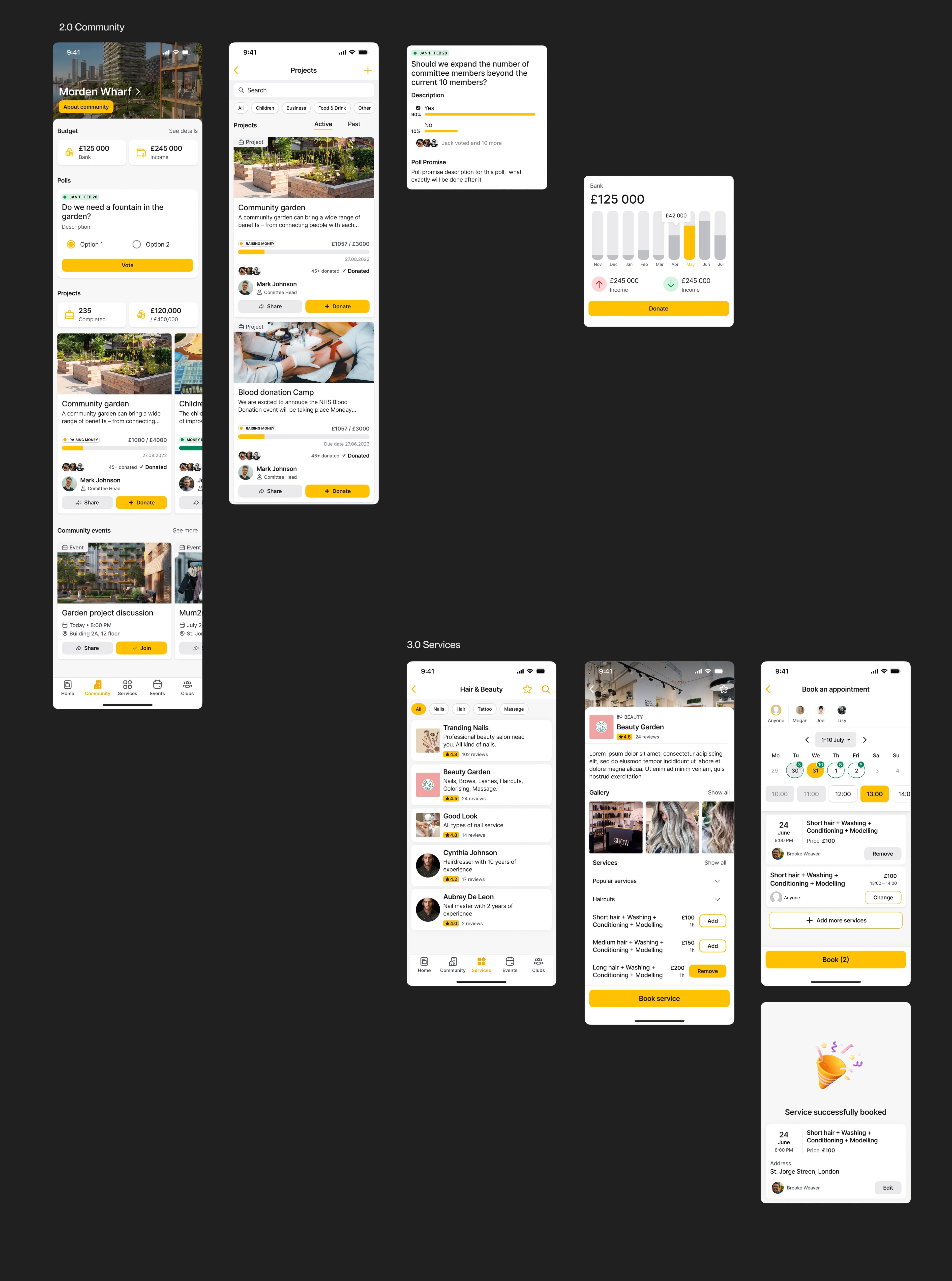 Mobile app screens: events, projects, and neighbor messaging