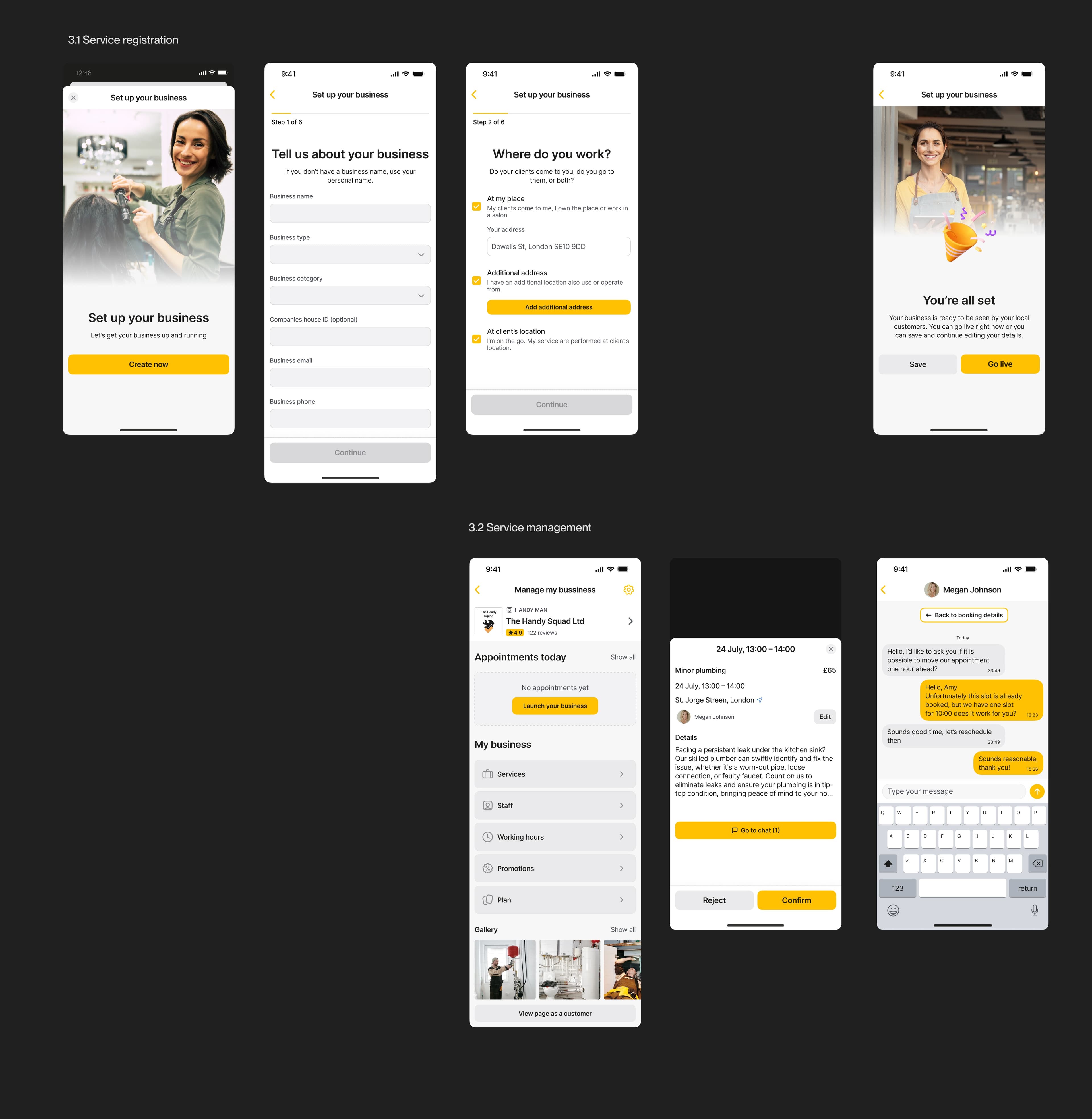 Mobile app screens: local services marketplace and community voting