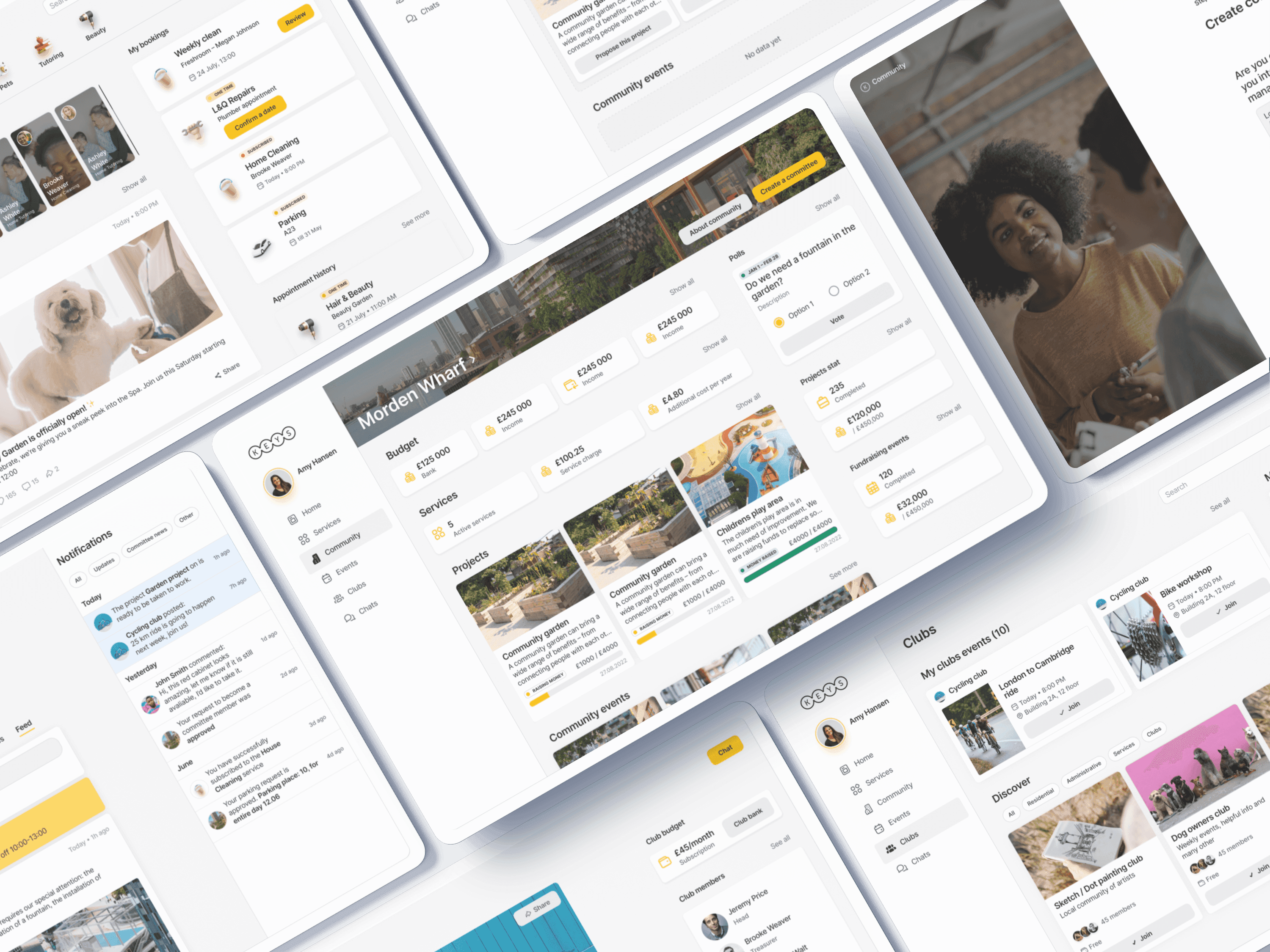 Desktop platform screens: community dashboard with budget, services, projects, polls, notifications, and clubs