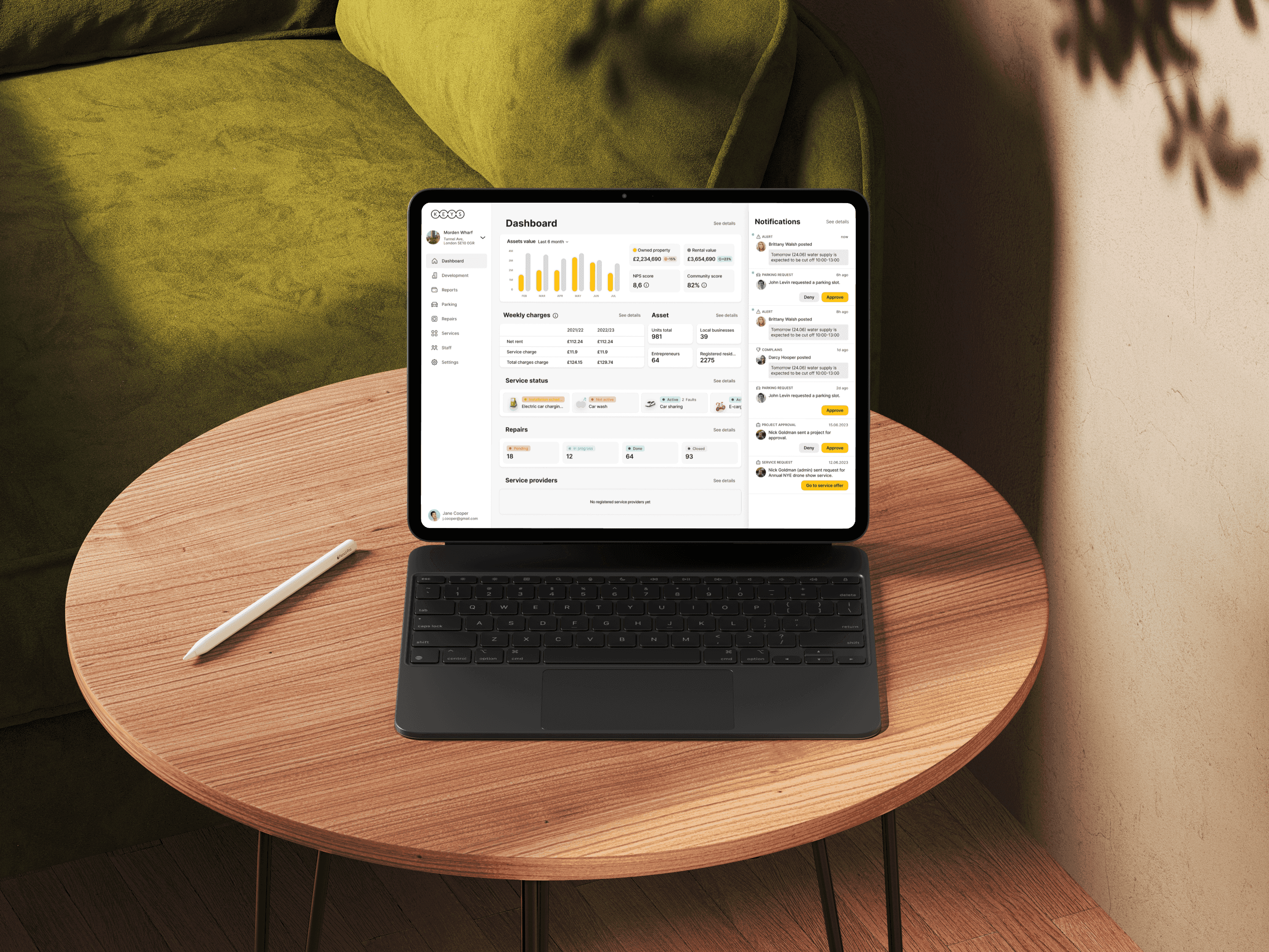 Administrator CRM dashboard on a tablet: assets value, weekly charges, service status, repairs, and notifications