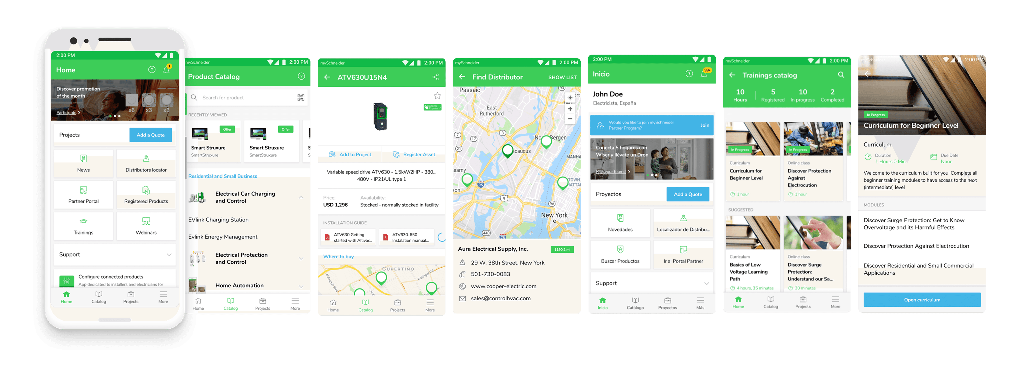 mySchneider app screens: catalog, project management, and training resources
