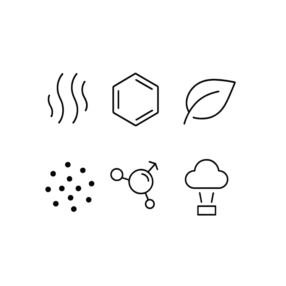 Six icon metaphors for VOC: fumes, a benzene ring, a leaf, particles, a molecule, and an emission cloud.