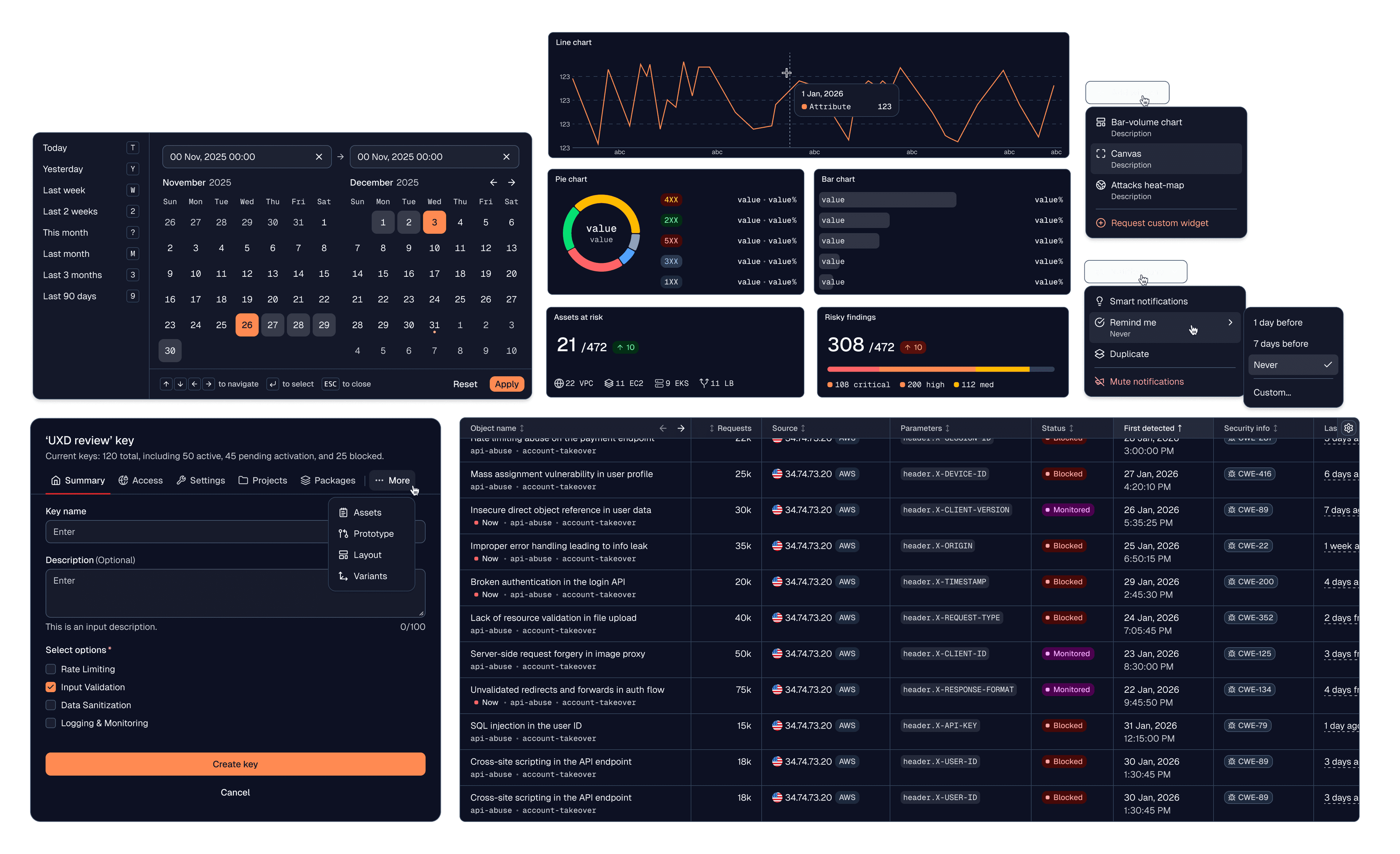 The same product screens in dark theme, from one set of tokens.