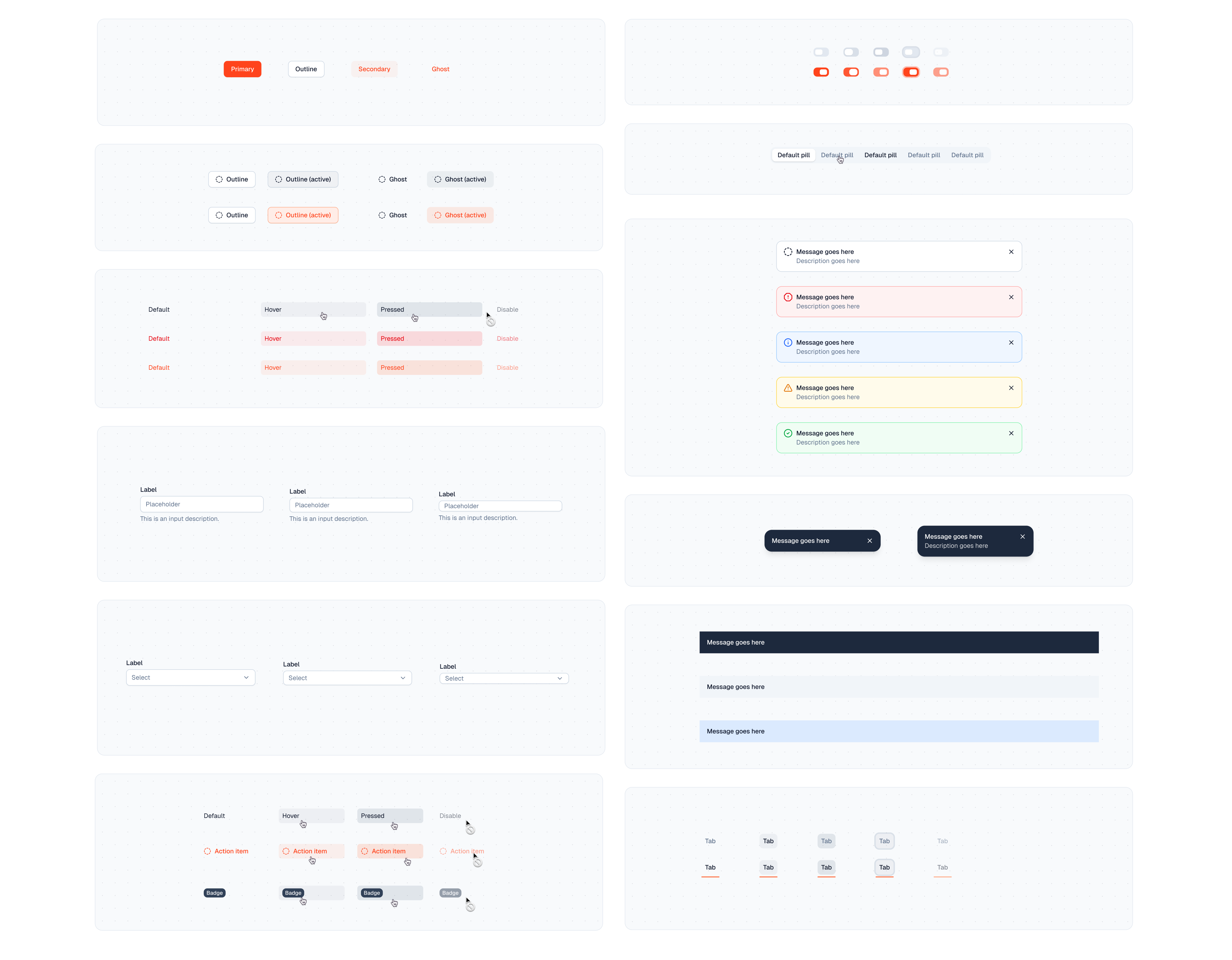 The Wallarm design-system component library: buttons, toggles, pills, inputs, selects, alerts, toasts, badges, and tabs, each shown across its states.